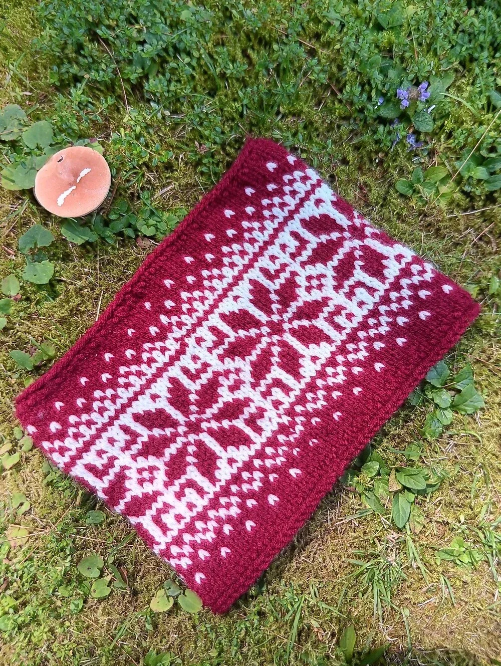 Handmade Handknit Ruby Red & Ivory Scandinavian Motif Cowl Scarf Adult OSFM